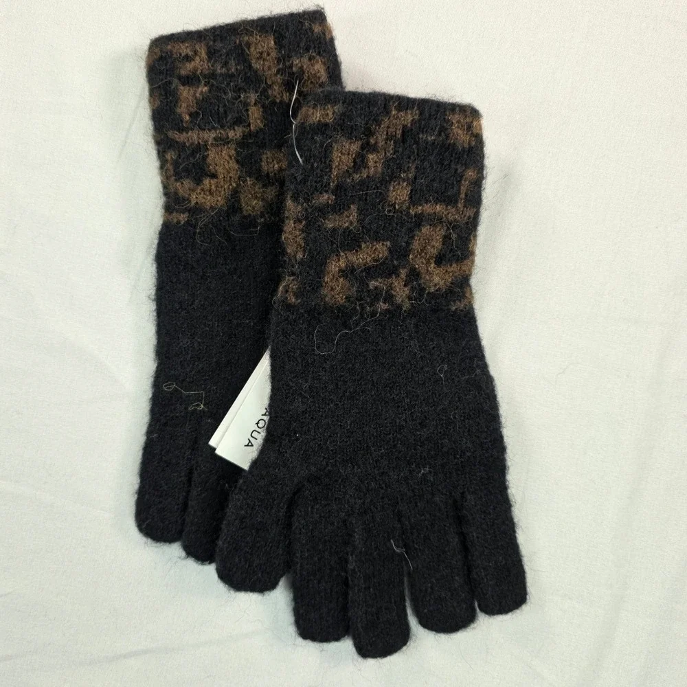 AQUA Women Knit Gloves O/S Black/Brown Leopard Print Cuff Cozy Chic Winter NWT